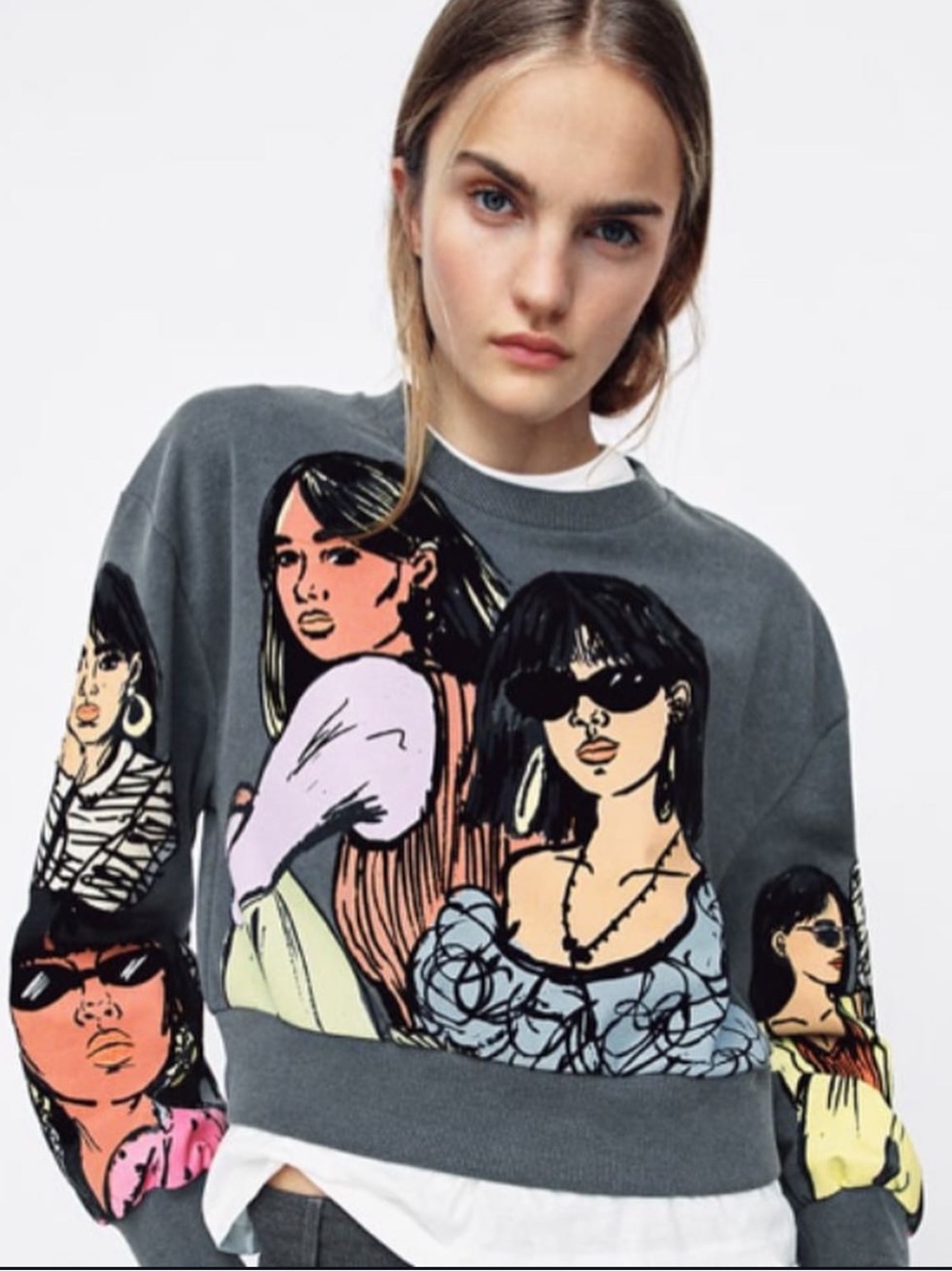 Zara Gray Embroidered Printed Graphic Fashion Crewneck Sweatshirt